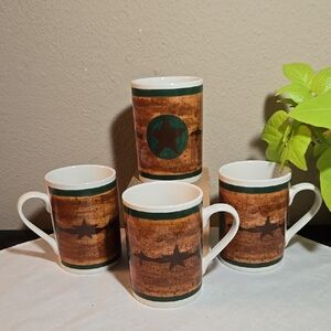 Western Moments Rustic Star Mug Set - Brown and Green. Set If Four.